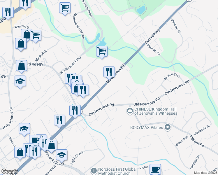 map of restaurants, bars, coffee shops, grocery stores, and more near 5130 Buford Highway in Norcross