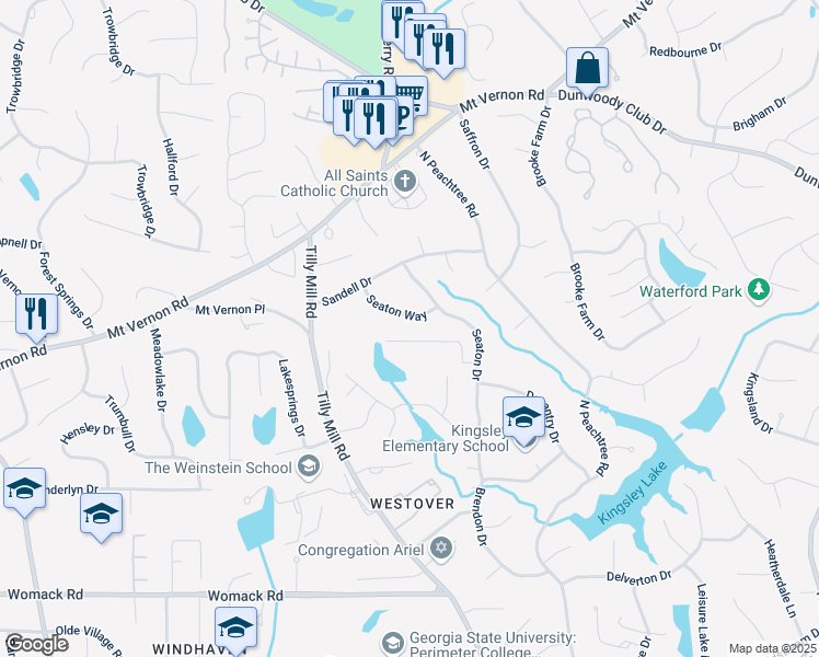 map of restaurants, bars, coffee shops, grocery stores, and more near 5361 Seaton Way in Dunwoody