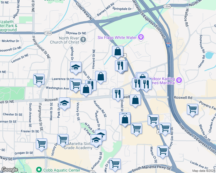 map of restaurants, bars, coffee shops, grocery stores, and more near 82 Rising Fawn Lane in Marietta