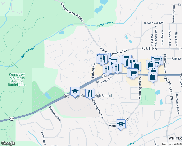 map of restaurants, bars, coffee shops, grocery stores, and more near 1079 New Haven Drive Southwest in Marietta