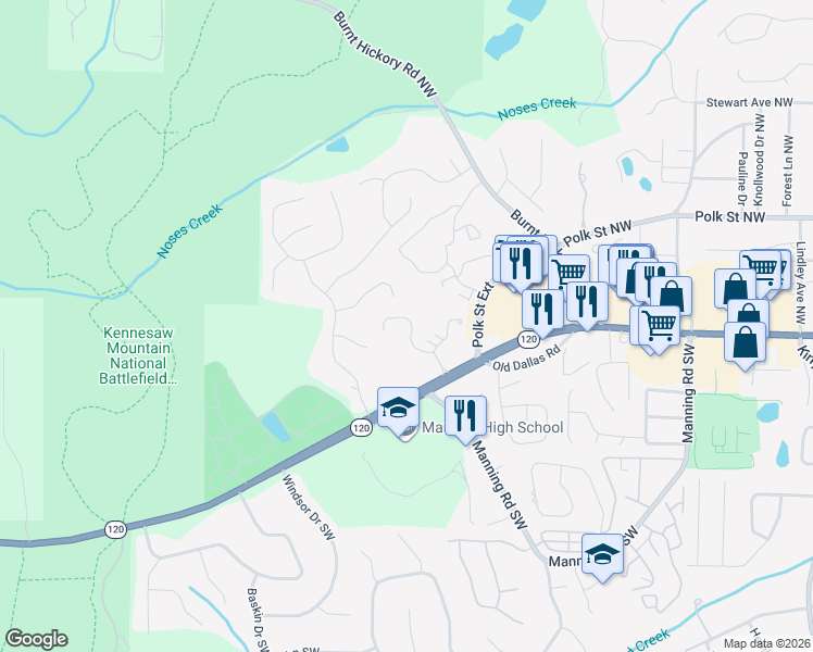map of restaurants, bars, coffee shops, grocery stores, and more near 1275 Whitlock Ridge Drive in Marietta