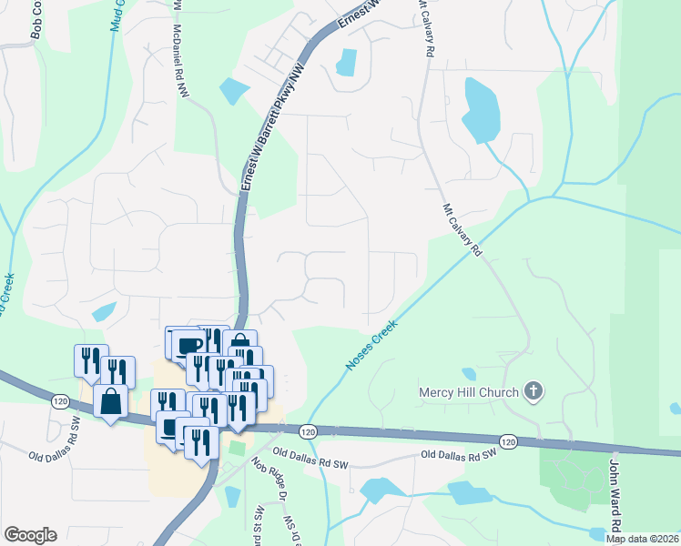 map of restaurants, bars, coffee shops, grocery stores, and more near 2380 Battle Forest Drive Southwest in Marietta