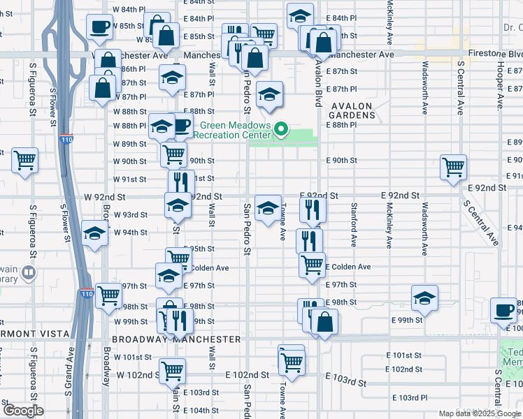 map of restaurants, bars, coffee shops, grocery stores, and more near 323 East 93rd Street in Los Angeles