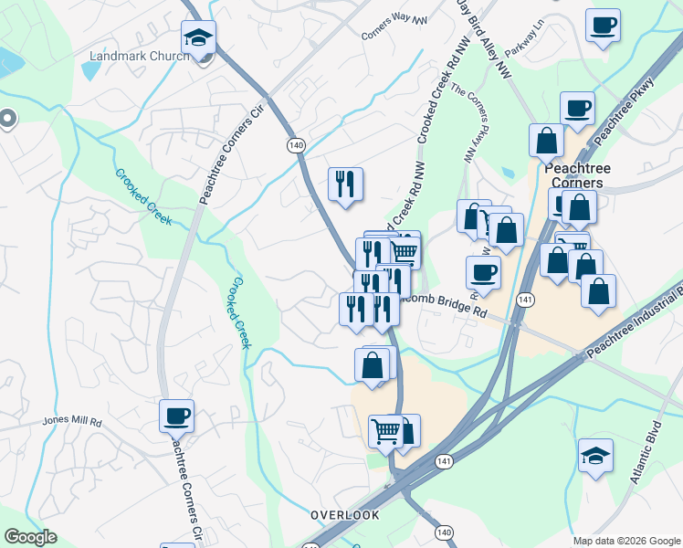 map of restaurants, bars, coffee shops, grocery stores, and more near 605 Tree Corners Parkway in Norcross