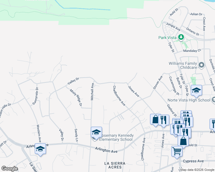 map of restaurants, bars, coffee shops, grocery stores, and more near 10716 Valley Drive in Riverside