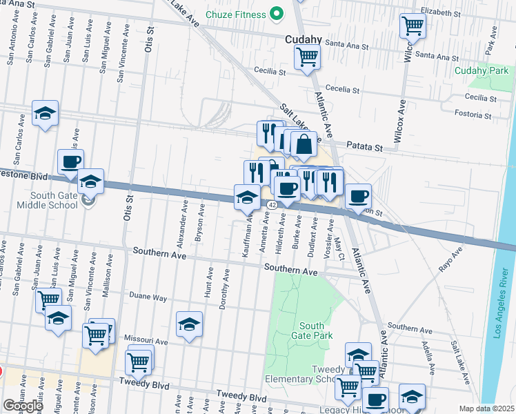 map of restaurants, bars, coffee shops, grocery stores, and more near 4616 Firestone Boulevard in South Gate