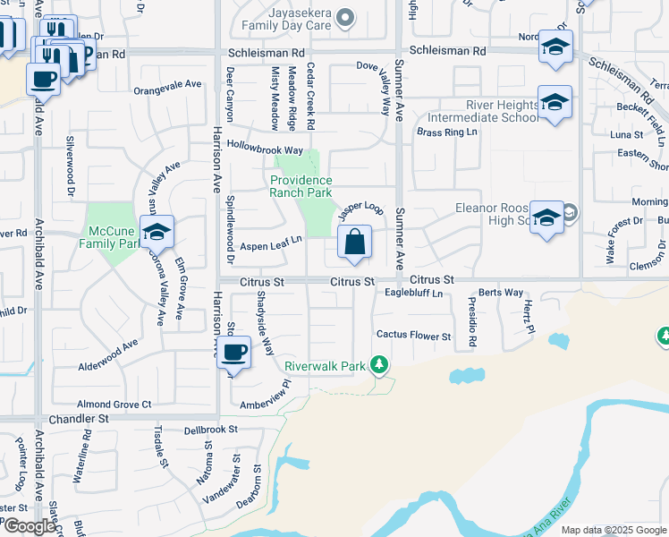 map of restaurants, bars, coffee shops, grocery stores, and more near 6536 Laurel Street in Corona