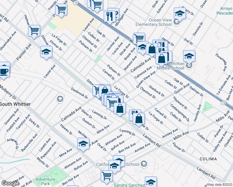 map of restaurants, bars, coffee shops, grocery stores, and more near 14074 La Forge Street in Whittier