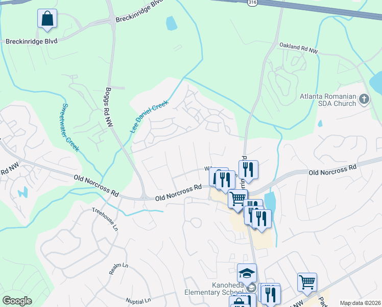 map of restaurants, bars, coffee shops, grocery stores, and more near 1348 Wildflower Downs in Lawrenceville