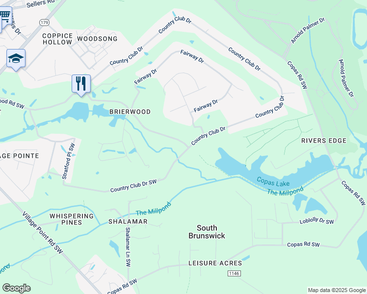 map of restaurants, bars, coffee shops, grocery stores, and more near 167 Country Club Drive in Shallotte