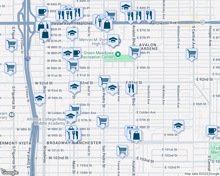 map of restaurants, bars, coffee shops, grocery stores, and more near 323 East 93rd Street in Los Angeles