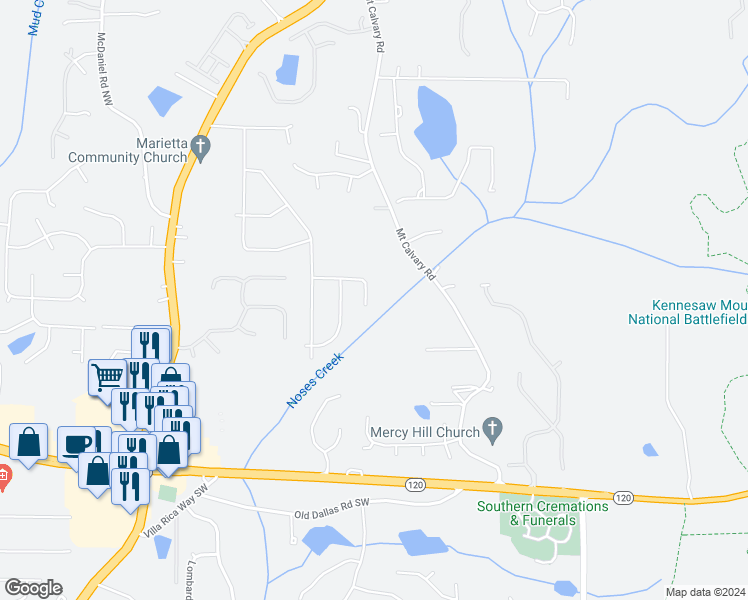map of restaurants, bars, coffee shops, grocery stores, and more near 2970 Sandstone Trail in Marietta