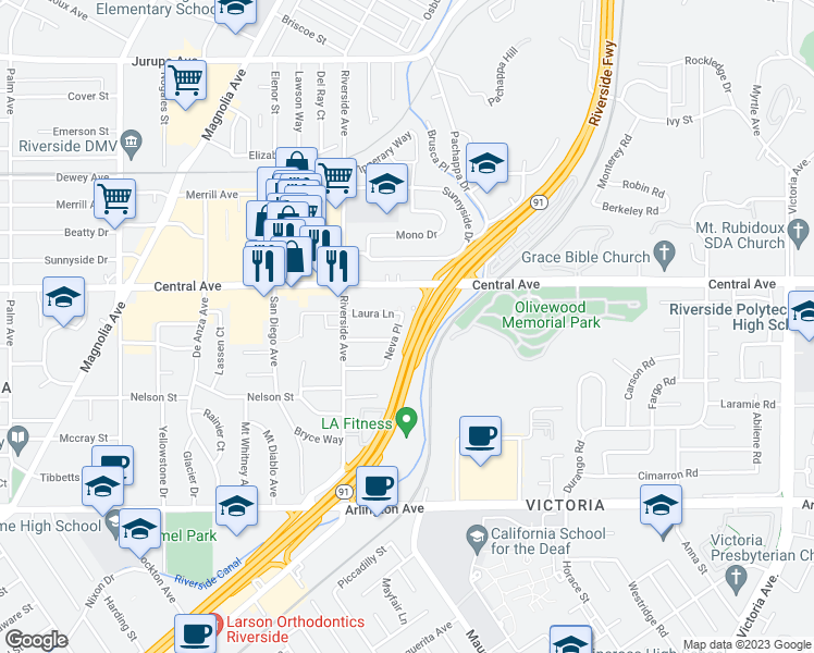 map of restaurants, bars, coffee shops, grocery stores, and more near 6346 Neva Place in Riverside