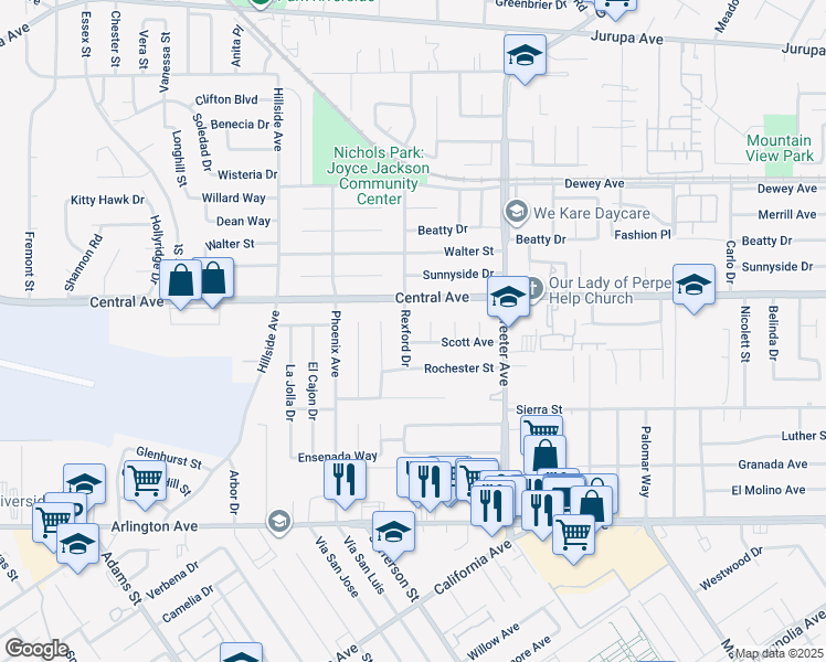 map of restaurants, bars, coffee shops, grocery stores, and more near 6656 Rexford Drive in Riverside