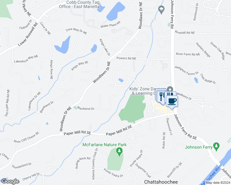 map of restaurants, bars, coffee shops, grocery stores, and more near 4561 Blackland Drive in Marietta