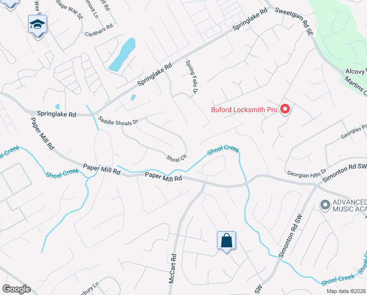 map of restaurants, bars, coffee shops, grocery stores, and more near 602 Shoal Cir in Lawrenceville