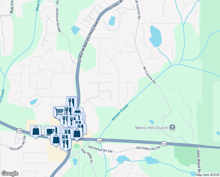 map of restaurants, bars, coffee shops, grocery stores, and more near 2380 Battle Forest Drive Southwest in Marietta