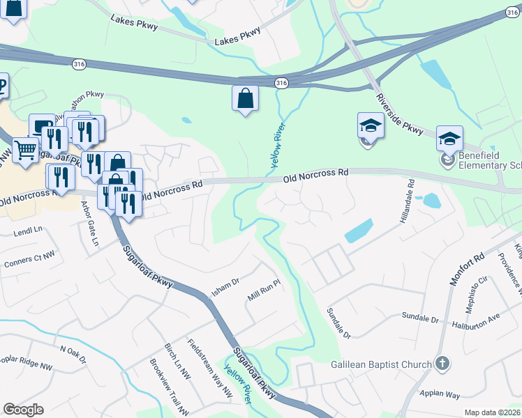 map of restaurants, bars, coffee shops, grocery stores, and more near 1498 Dunkirk Lane in Lawrenceville