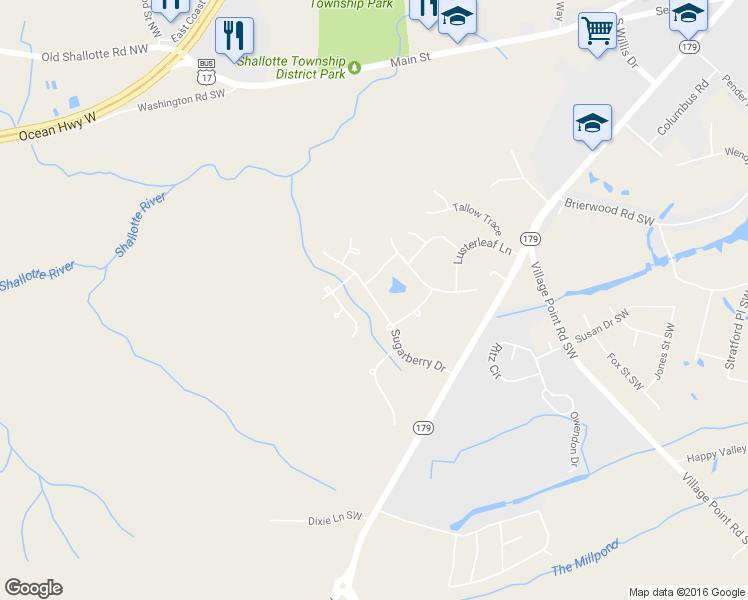 map of restaurants, bars, coffee shops, grocery stores, and more near 4869 Sugarberry Drive in Shallotte