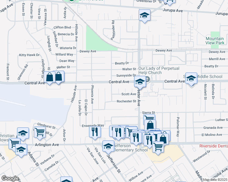 map of restaurants, bars, coffee shops, grocery stores, and more near 6656 Rexford Drive in Riverside