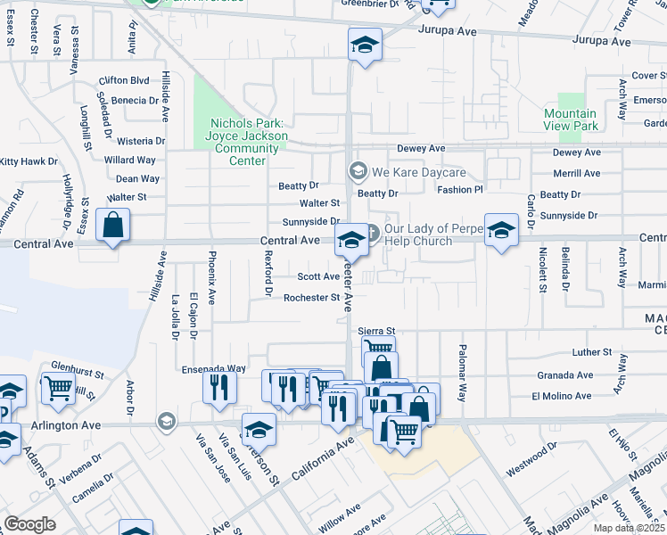 map of restaurants, bars, coffee shops, grocery stores, and more near 6656 Cathy Place in Riverside