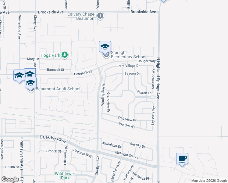 map of restaurants, bars, coffee shops, grocery stores, and more near 1517 Willowhaven Lane in Beaumont