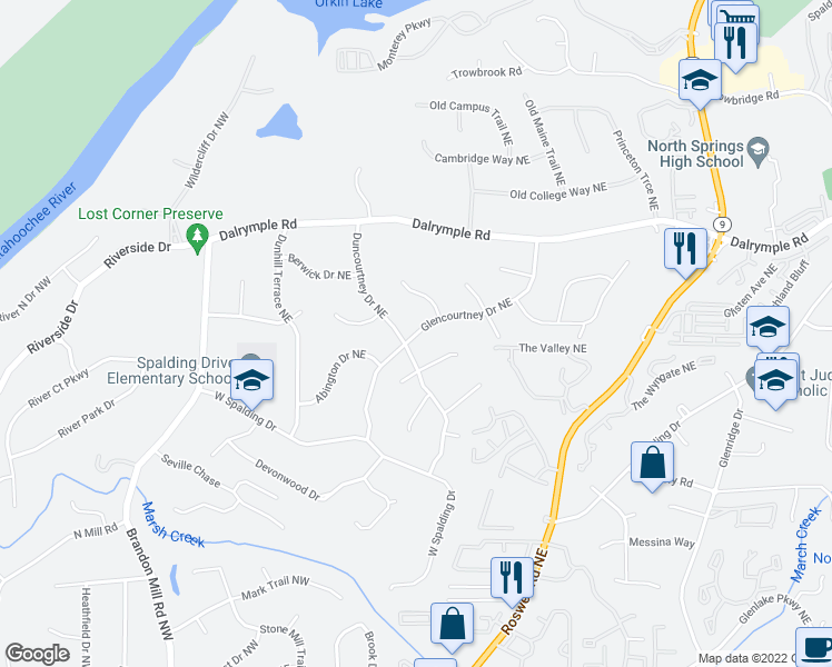 map of restaurants, bars, coffee shops, grocery stores, and more near 330 Glencourtney Drive Northeast in Atlanta