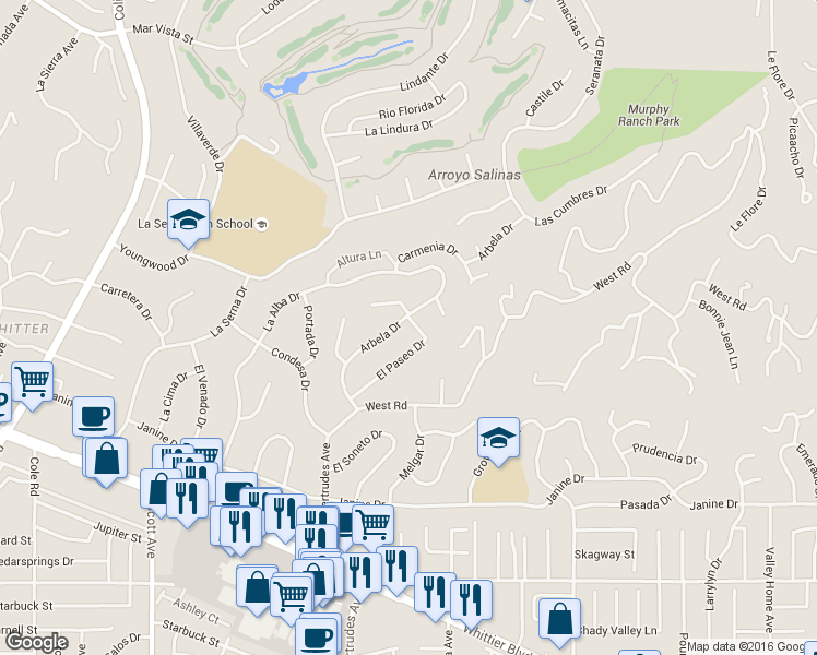 map of restaurants, bars, coffee shops, grocery stores, and more near 15850 Arbela Drive in Whittier