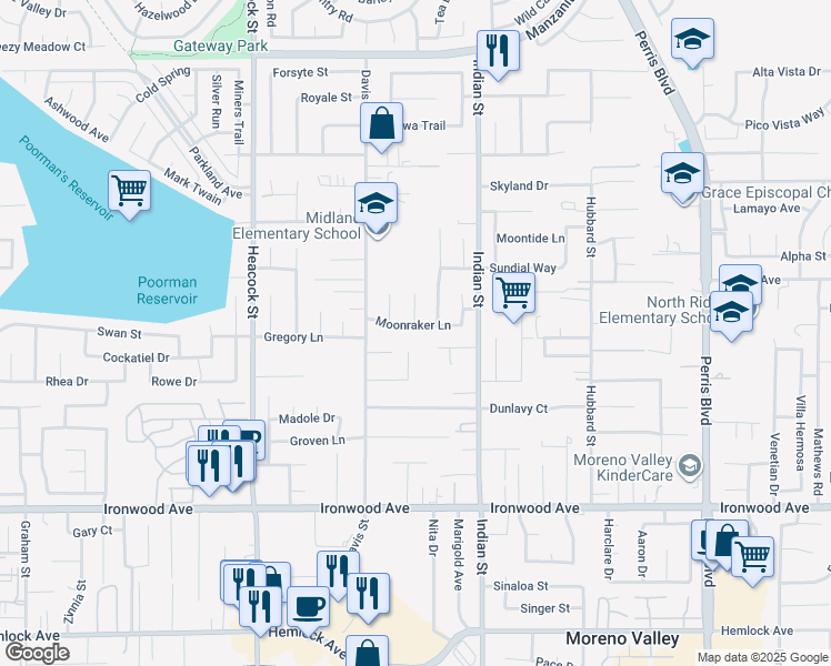 map of restaurants, bars, coffee shops, grocery stores, and more near 24345 Moonraker Lane in Moreno Valley