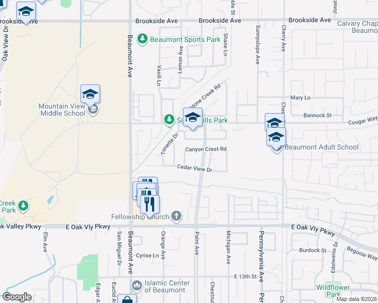 map of restaurants, bars, coffee shops, grocery stores, and more near 628 Canyon Crest Road in Beaumont