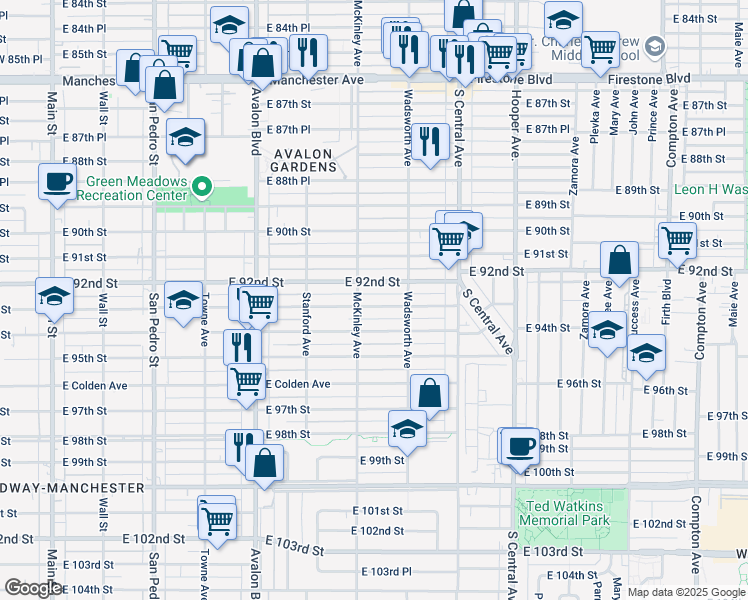 map of restaurants, bars, coffee shops, grocery stores, and more near 816 East 92nd Street in Los Angeles