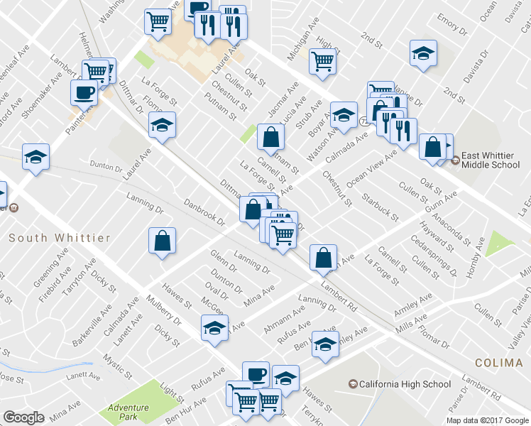 map of restaurants, bars, coffee shops, grocery stores, and more near 14011 Dittmar Drive in Whittier
