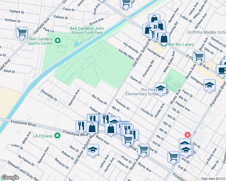 map of restaurants, bars, coffee shops, grocery stores, and more near 7366 Country Club Dr in Downey