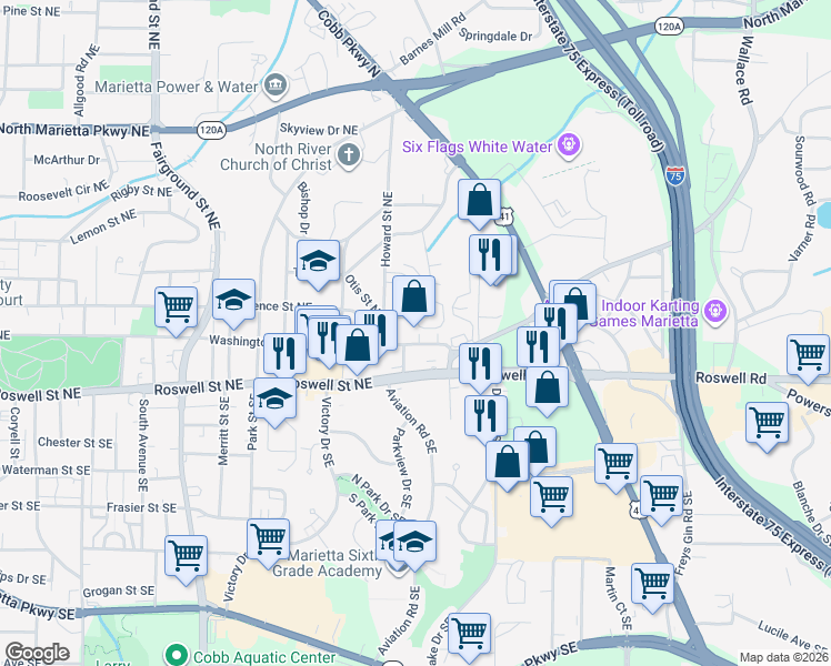 map of restaurants, bars, coffee shops, grocery stores, and more near 861 Washington Avenue Northeast in Marietta