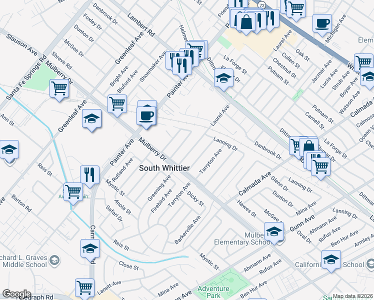 map of restaurants, bars, coffee shops, grocery stores, and more near 9301 Laurel Avenue in Whittier