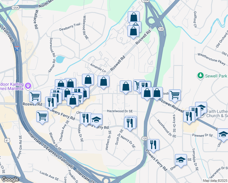 map of restaurants, bars, coffee shops, grocery stores, and more near 1713 Lower Roswell Road in Marietta