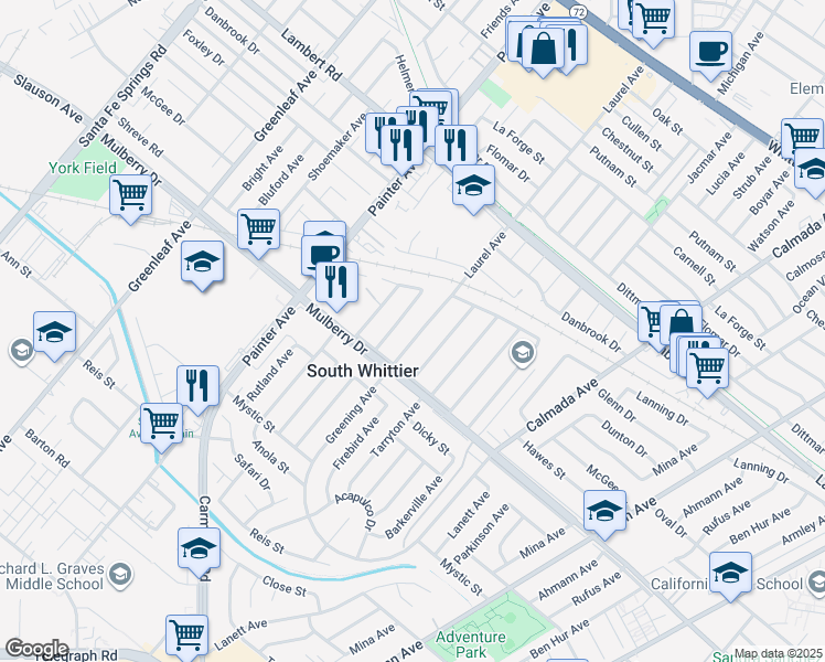 map of restaurants, bars, coffee shops, grocery stores, and more near 9301 Laurel Avenue in Whittier