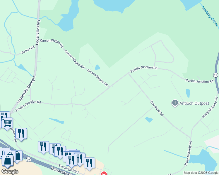 map of restaurants, bars, coffee shops, grocery stores, and more near 203 Punkin Junction Road in Winder