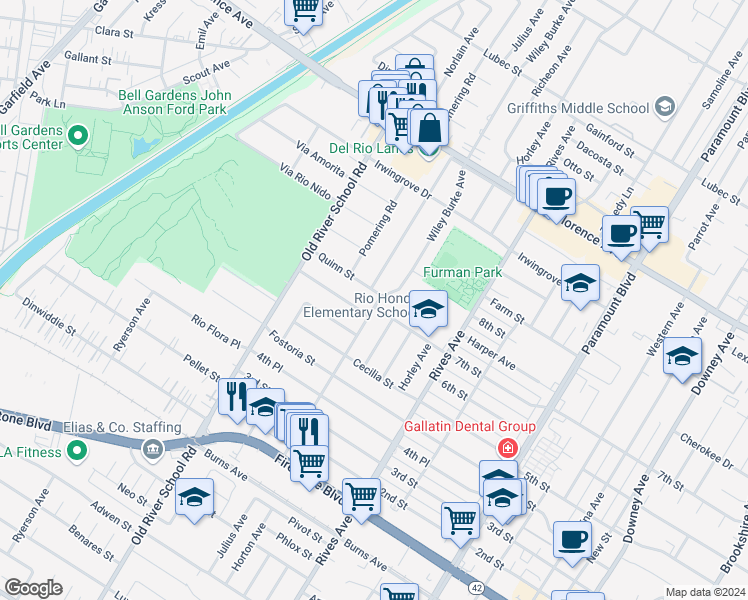 map of restaurants, bars, coffee shops, grocery stores, and more near 7540 Quinn Street in Downey