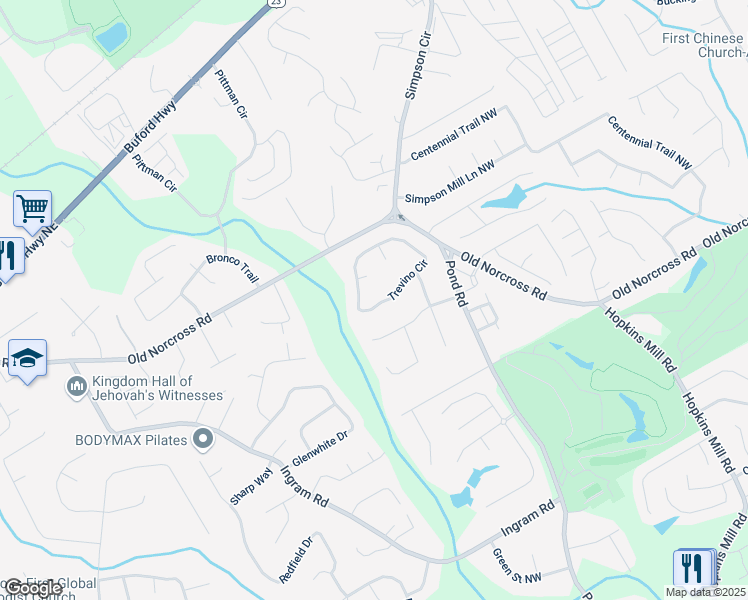 map of restaurants, bars, coffee shops, grocery stores, and more near 4960 Trevino Circle in Duluth