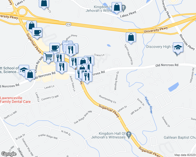 map of restaurants, bars, coffee shops, grocery stores, and more near 1722 Coleville Oak Lane in Lawrenceville