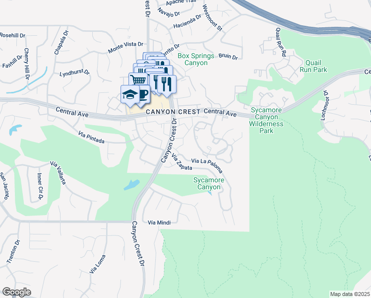 map of restaurants, bars, coffee shops, grocery stores, and more near 600 Central Avenue in Riverside