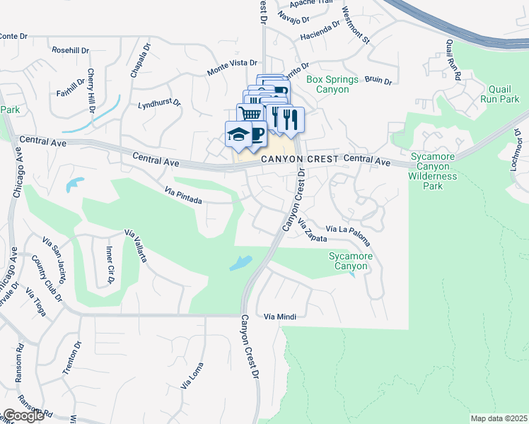 map of restaurants, bars, coffee shops, grocery stores, and more near 950 Vía Zapata in Riverside