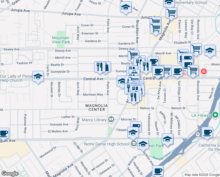 map of restaurants, bars, coffee shops, grocery stores, and more near 6660 Palm Avenue in Riverside