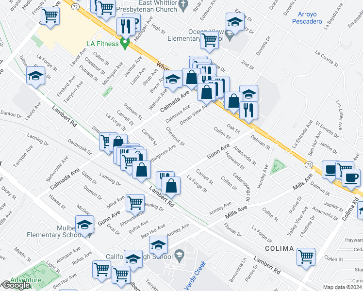 map of restaurants, bars, coffee shops, grocery stores, and more near 9111 Cedargrove Avenue in Whittier