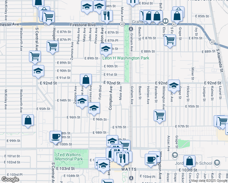 map of restaurants, bars, coffee shops, grocery stores, and more near 9217 Maie Avenue in Los Angeles