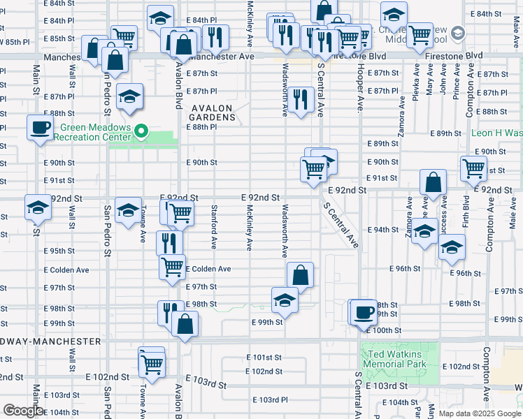 map of restaurants, bars, coffee shops, grocery stores, and more near 816 East 92nd Street in Los Angeles