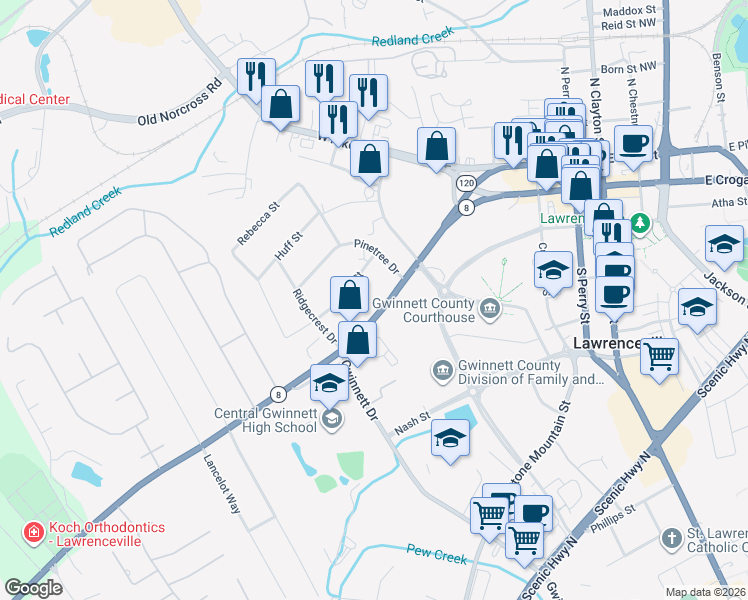 map of restaurants, bars, coffee shops, grocery stores, and more near 466 West Crogan Street in Lawrenceville