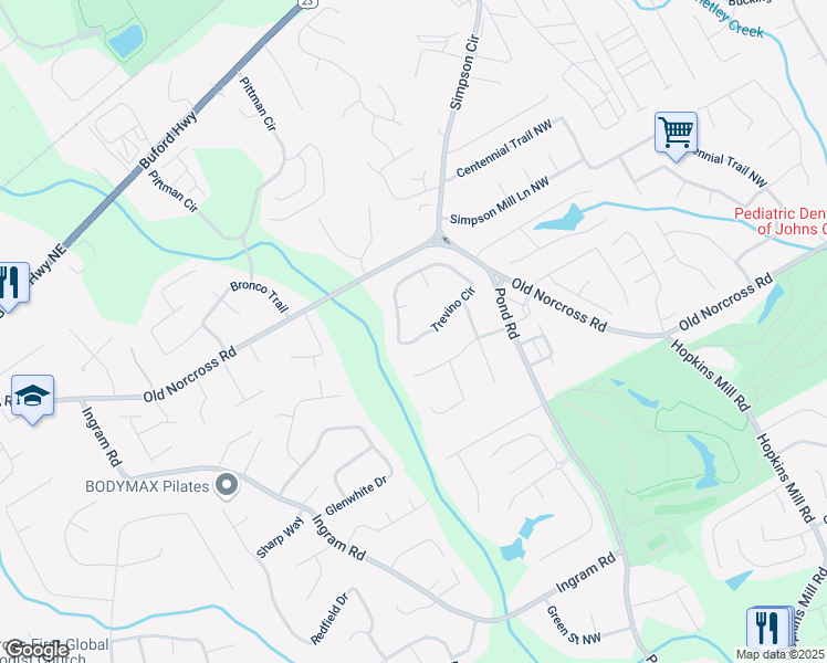 map of restaurants, bars, coffee shops, grocery stores, and more near 4960 Trevino Circle in Duluth