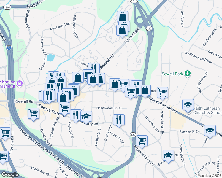 map of restaurants, bars, coffee shops, grocery stores, and more near 1713 Lower Roswell Road in Marietta